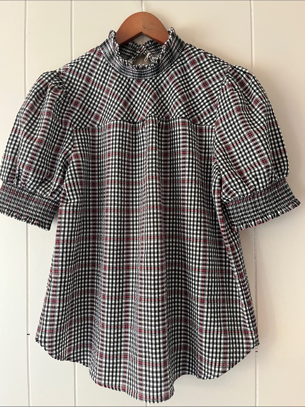 Girls Black & White Plaid Smocked Neck Top